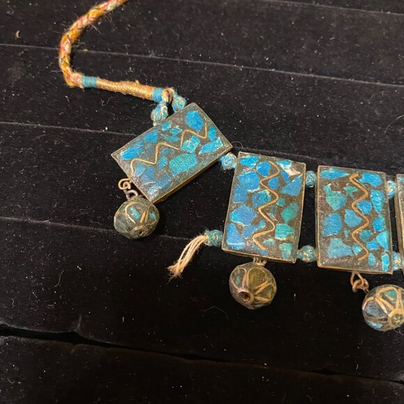 Vintage Bohemian Blue & Gold Gypsy Choker Necklace With Beaded Pendants - Picture 6 of 16